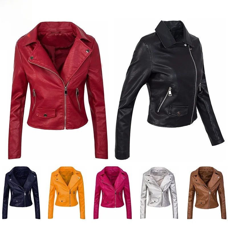 Slim Fit Short Zipper PU Leather Jacket Women's Solid Color Outerwear Autumn Winter Street Style Comfortable Casual Fashion