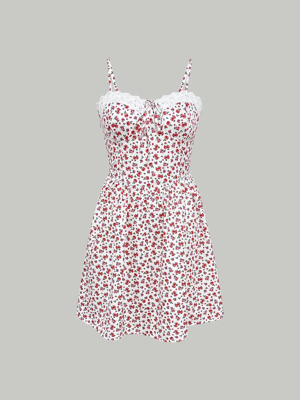 Mini-Kleid für Frühling und Sommer, Damen, Blumenmuster, Spitzenbesatz, Spaghettiträger, ausgestelltes, lässiges, romantisches Kleid für Dates, Urlaub und Strand