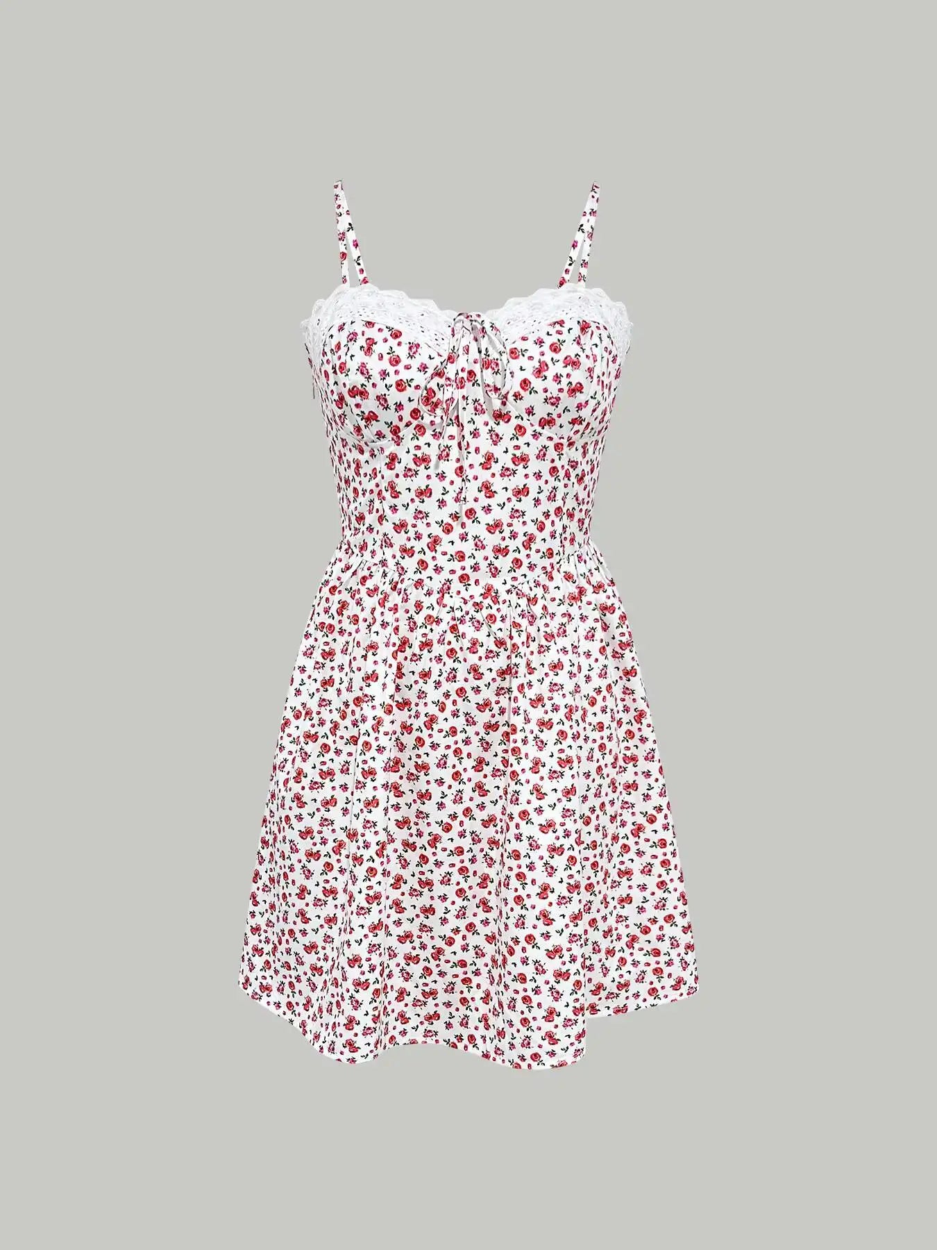 Mini-Kleid für Frühling und Sommer, Damen, Blumenmuster, Spitzenbesatz, Spaghettiträger, ausgestelltes, lässiges, romantisches Kleid für Dates, Urlaub und Strand