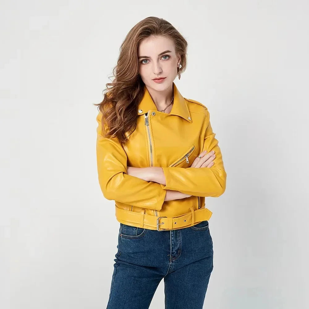 Damen-PU-Lederjacke, schmale Passform, Motorrad, gewaschener Reißverschluss, Oberteil, Herbst-Winter, modische Oberbekleidung, lässiger Stil, volle Ärmel