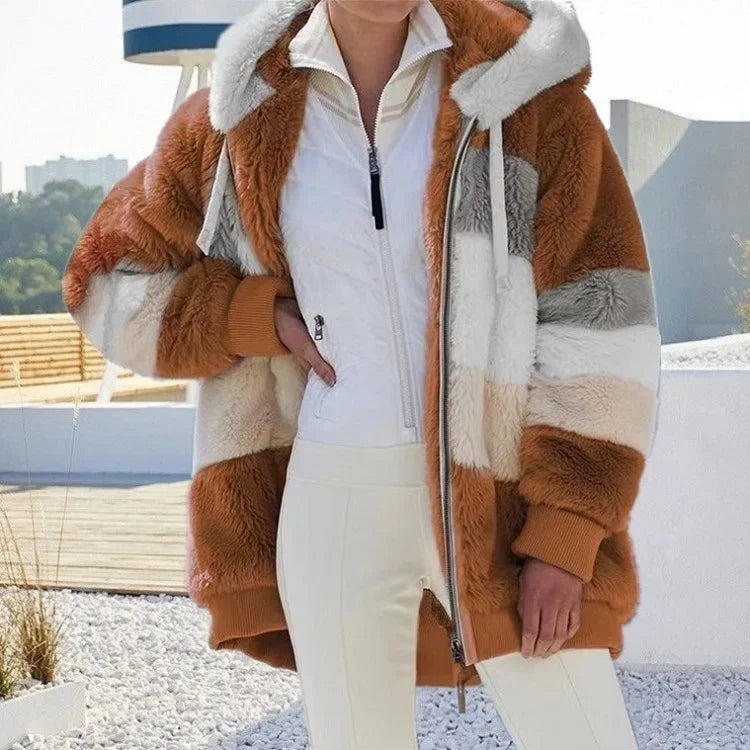 Warme Fleece-Übergroße Kapuzenjacke für Damen, Herbst und Winter, verdickte Reißverschlusstasche, Patchwork-Kleidung, bequemes Sweatshirt
