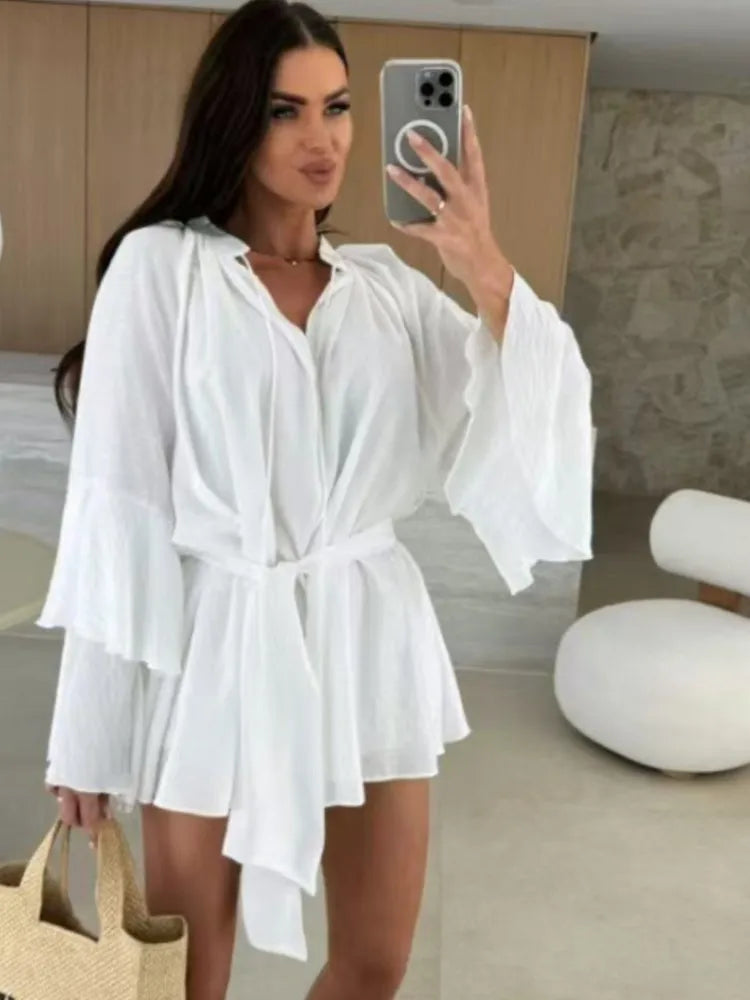 Süße ausgestellte Ärmel Kleider für Frauen 2025, sexy tiefer V-Ausschnitt, modisches Minikleid, Frühling, Sommer, Schnürung, solides Kleid, Robe Femme