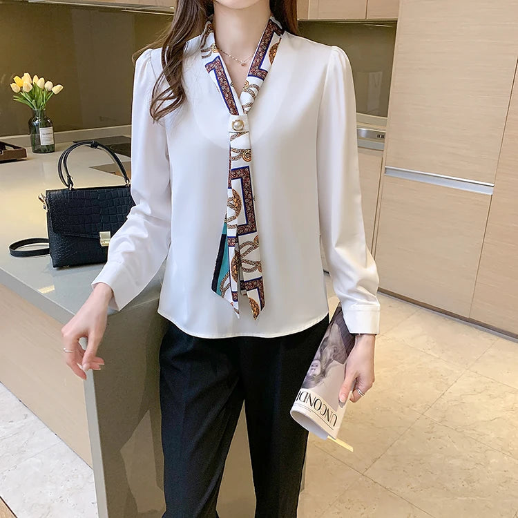 H Han Königin Frühling Chiffon Einfache Büro Dame Bluse Weibliches Hemd Bogen Tops Langarm Casual Koreanische OL Lose Blusen Frauen