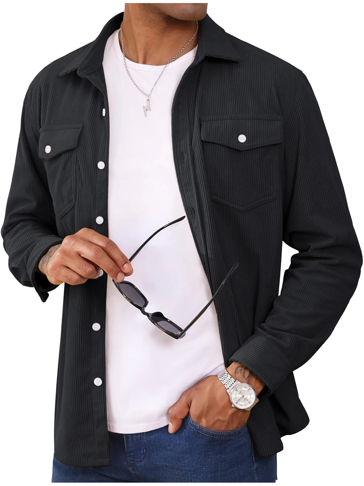MAGCOMSEN Herren-Cordjacke, langärmelig, lässig, leichtes Hemd mit Brusttasche, Arbeit, Alltagsjacke, Frühlings- und Herbstmantel