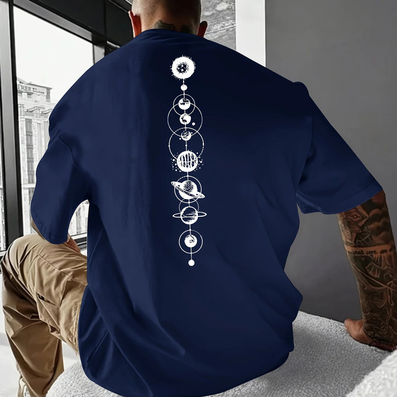 Herren-T-Shirt-Oberteil aus 100 % reiner Baumwolle, Sommer, lockere Größe, Planet-Grafikdruck, lässig, schmale Passform, Rundhalsausschnitt, kurzärmelig