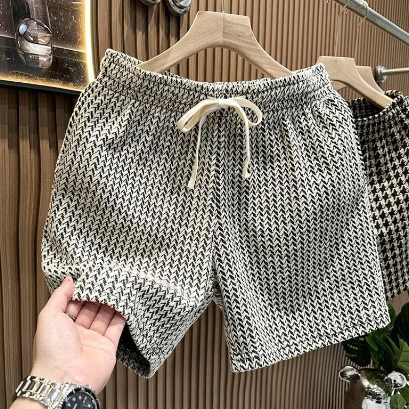 Herrenbekleidung, bedruckt, karierte Shorts, Sommer, stilvoll, gerades Bein, lässige Strandhose, bequeme Taschen, leichte Straßenshorts