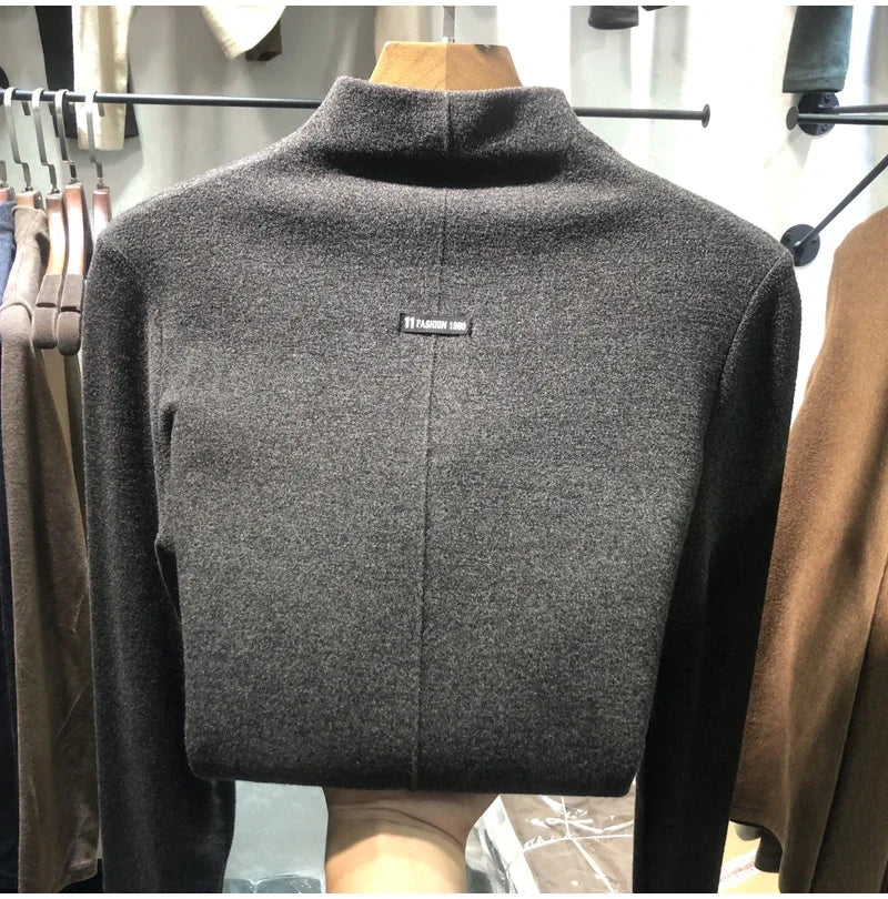 Harajuku half turtleneck Casual slim fleece Thick bottoming T-shirt autumn winter velvet Long Sleeve solid T Shirt Women y2k Top