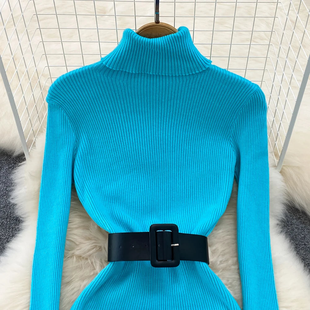 REALEFT Herbst Winter 2025, neue Rollkragen frauen Gestrickte Kleider mit Gürtel Langarm Elegante Bodycon Wrap Kleid Weibliche
