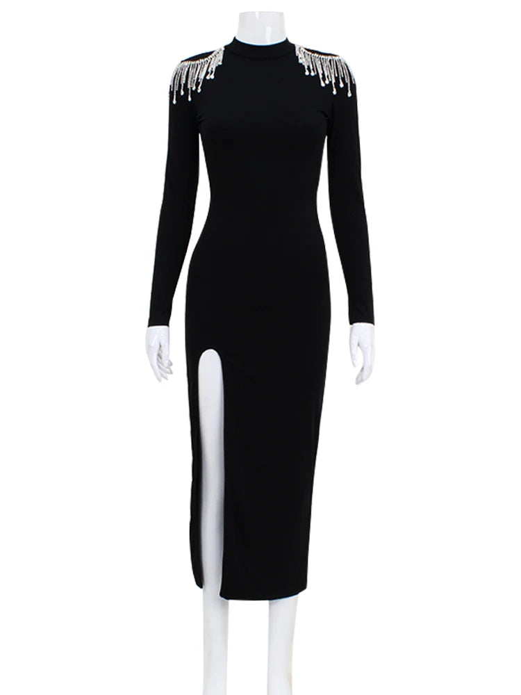 Ahagaga Mode Aushöhlen Frauen Maxi Kleider Sexy Solide Backless Casual Rollkragen Schlank Elegante Bodycon Vestidos Roben Split