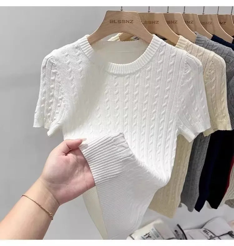 Zjaiss 2026 Sommer Koreanisches Retro Elegantes Textur-Kurzarm-Oberteil mit O-Ausschnitt und Zopfmuster für Damen – Weiches, lässiges, vielseitiges, dünnes T-Shirt
