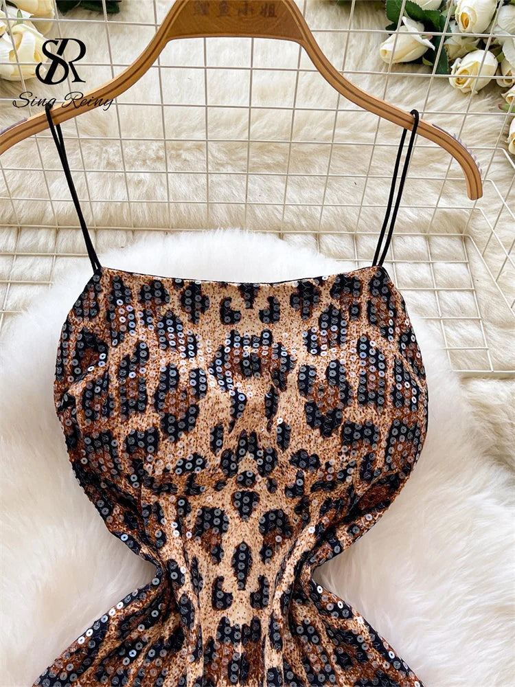SINGREINY Sexy Leopard Frauen Kleid 2026 Sommer Trendy Nacht Club Party Sling Spicy Girl Pailletten Glitter Bodycon Mini Kleider