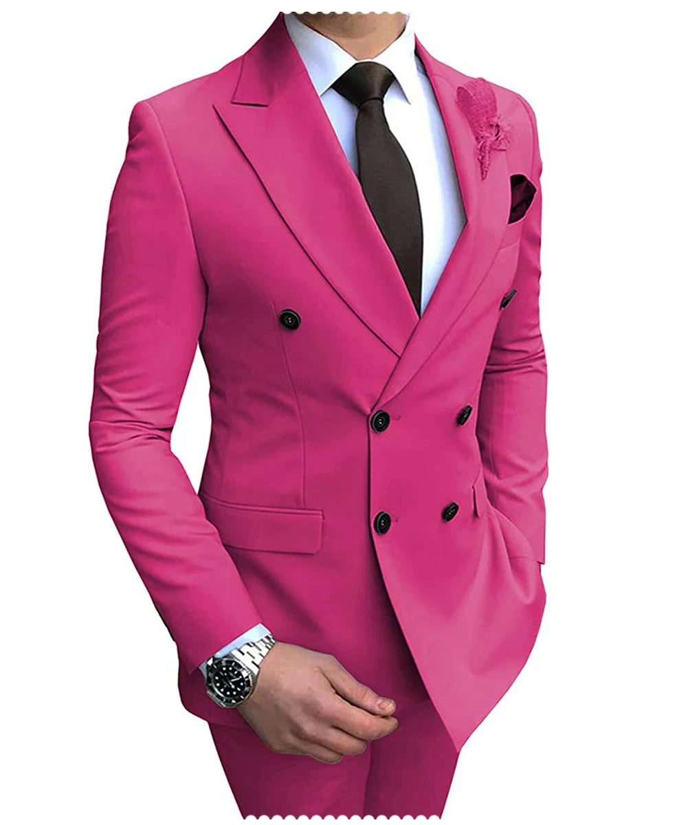 2024 Neuer beigefarbener Herrenanzug, 2-teilig, zweireihig, Reverskragen, flach, schmale Passform, lässiger Smoking für Hochzeit (Blazer + Hose)