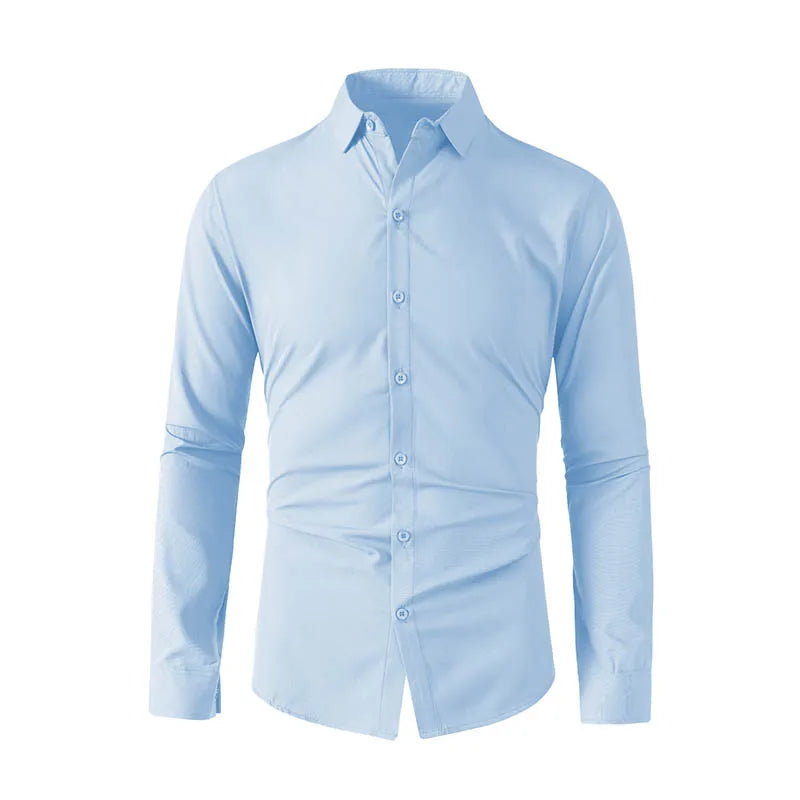Neues, langärmliges, einfarbiges Business-Casual-Hemd für Herren, knitterfrei, knitterfrei, bequem, vielseitiges Oberteil für die ganze Saison