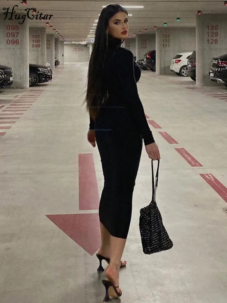 Hugcitar Frauen Mode Rollkragen Lange Ärmel Schwarz Sexy Bodycon Maxi Prom Kleid Herbst Casual Kleidung Streetwear Party Festival