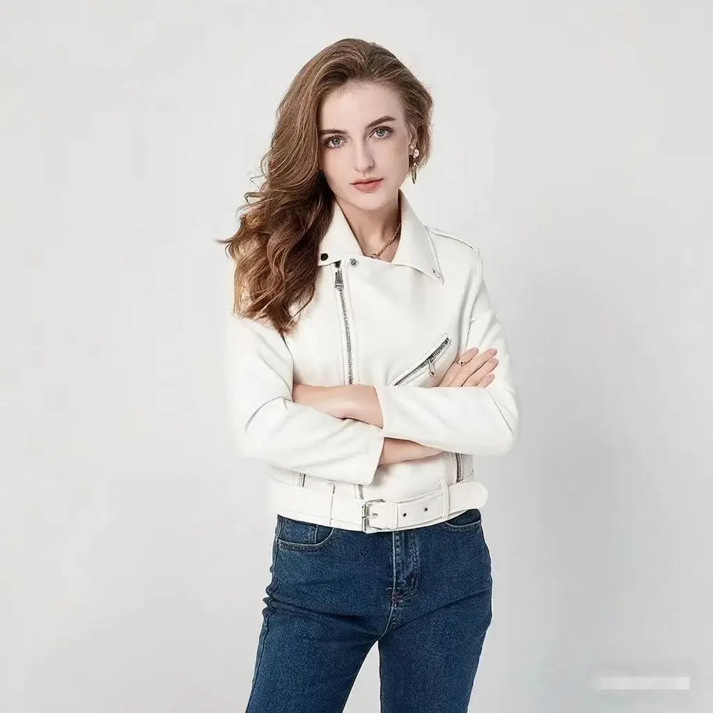 Damen-PU-Lederjacke, schmale Passform, Motorrad, gewaschener Reißverschluss, Oberteil, Herbst-Winter, modische Oberbekleidung, lässiger Stil, volle Ärmel