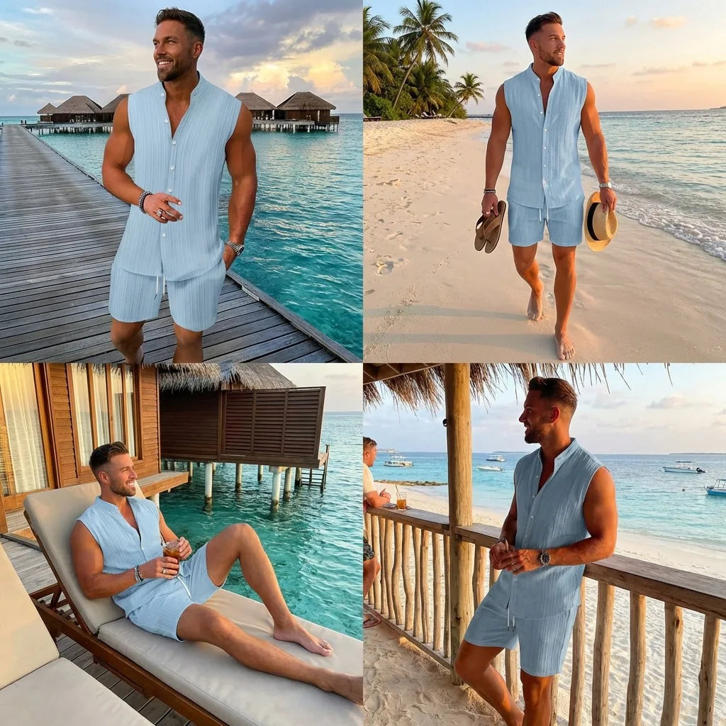 Sommer Neue Herren Mode Stehkragen Einfarbiges Besticktes Ärmelloses Hemd Shorts Set Lässige Strandkleidung