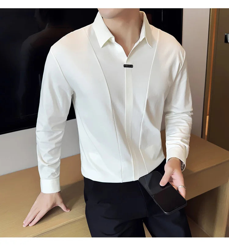 Herren-Poloshirt mit langen Ärmeln, 2026, Frühling, britischer Stil, einfarbig, elastisch, schmale Passform, T-Shirt, formelle Kleidung, Poloshirt, Herrenbekleidung