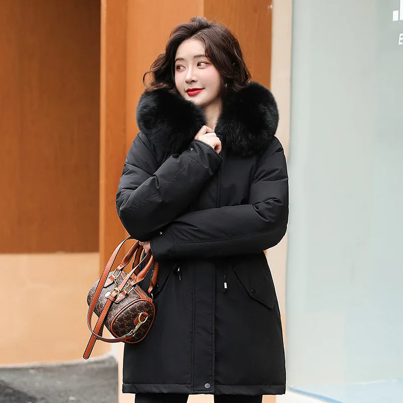 Frühling Parkas Frauen Mäntel Mittlere Länge Mantel Dicke Warme Mit Kapuze Kordelzug Jacken Splice Zipper Enge Taille Jacke Herbst Winter