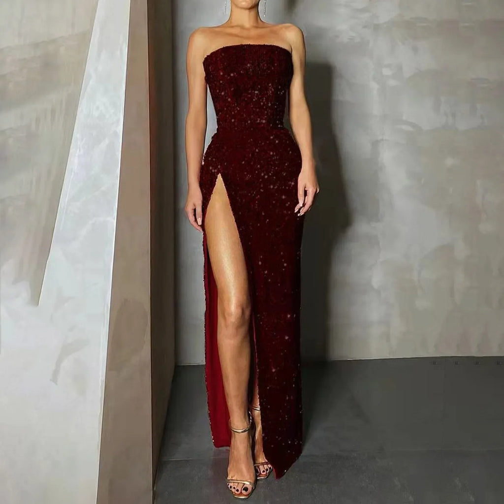 Maßgeschneiderte trägerlose Maxi-lange Kleider für Damen, funkelnde Pailletten, rückenfrei, sexy Abendparty-Kleider, Vestidos, schmal, hoch geschlitzt, formell