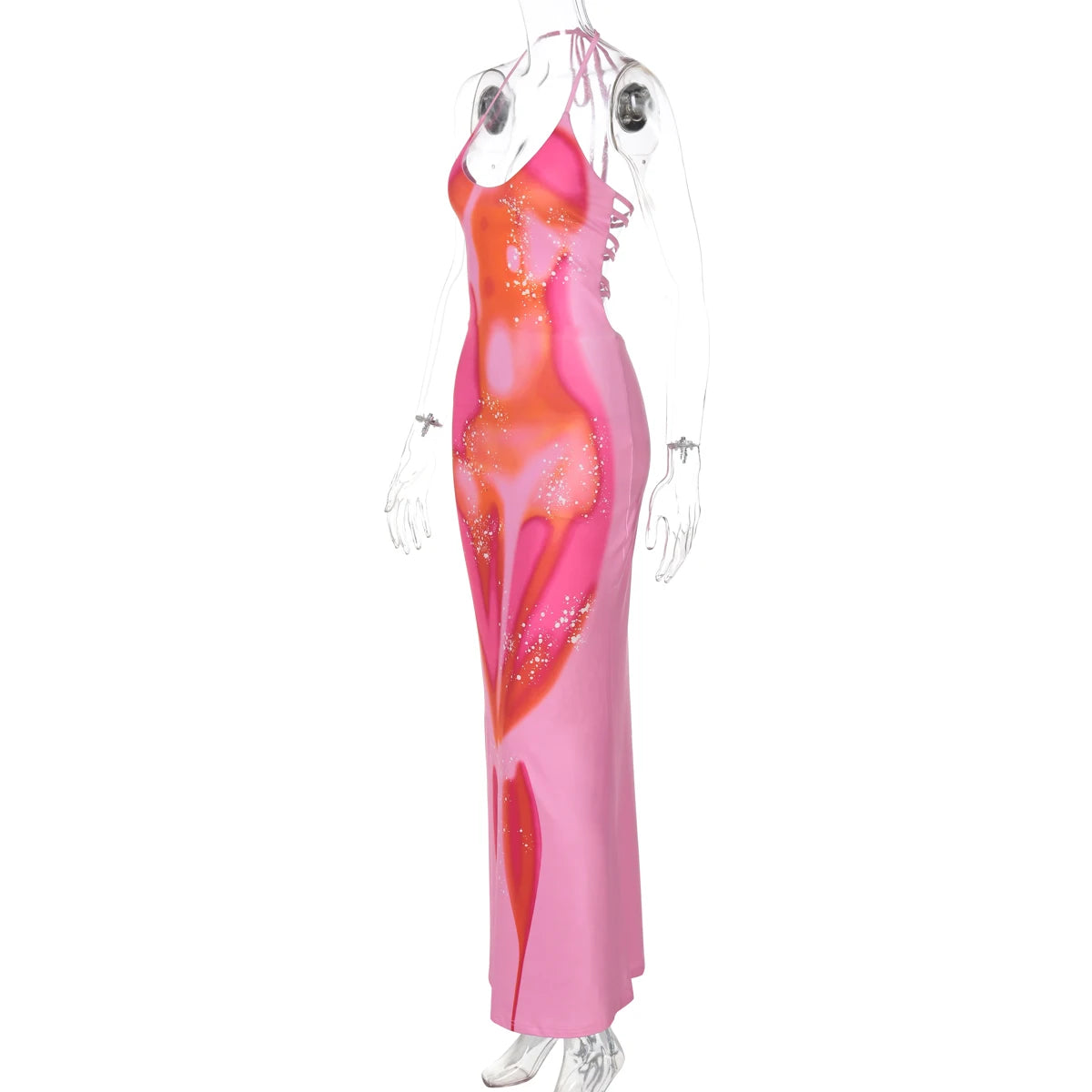 Hugcitar 2025 Frühling Halter Print Halter-Backless Verband Gürtel Sexy Bodycon Maxi Kleid Frauen Mode Outfits Streetwear Festival