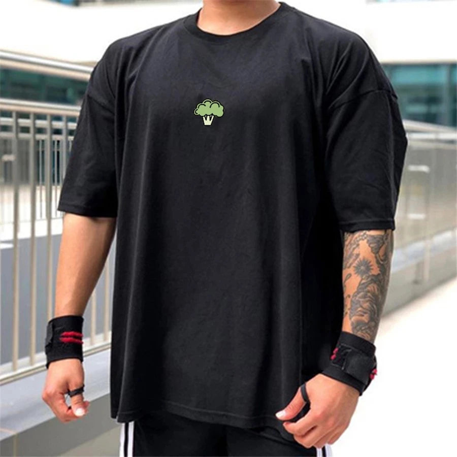 Hochwertige Turnhallen T-Shirt Männer Bodybuilding drucken lose T-Shirt Workout Fitness T-Shirts Männer Kleidung Baumwolle Kurzarm Sport hemd