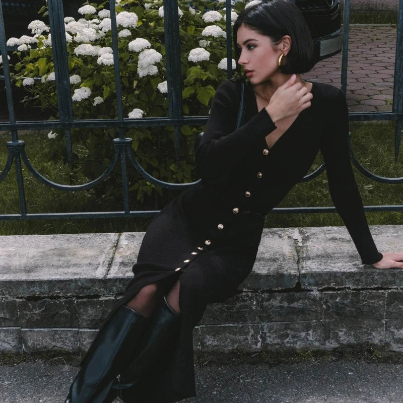 Trendix Elegantes Abendkleid für Damen, V-Ausschnitt, lange Ärmel, Patchwork, Knopf, Schlitz, Pullover, Kleider, 2024, Herbst und Winter, gestricktes Maxikleid