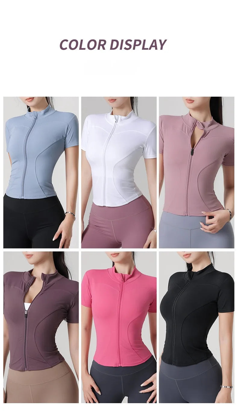Woman yoga Jacket High Elastic Yoga Short Sleeve Coat Stand Collar Tight Sports Coat Naked Fitness Short Sleeve Female