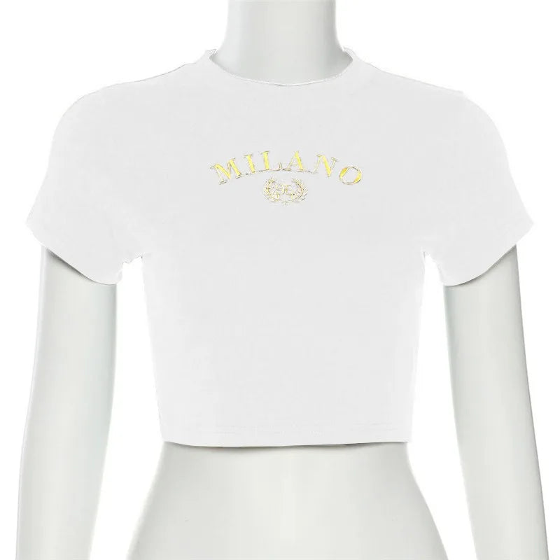 Women's T-shirt Clothese Short Sleeve Black Crop Top Harajuku Letter Embroidery T Shirt Female Summer Sexy O-Neck Cropped Tops