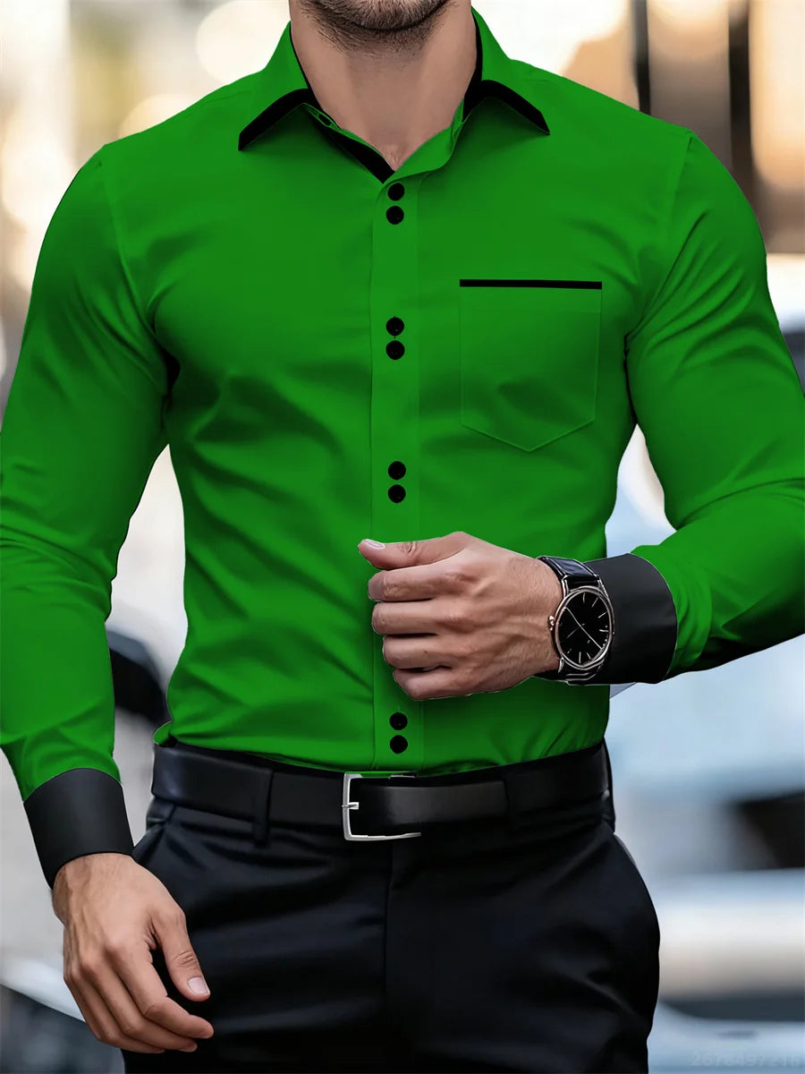 Herren-Business-Langarmhemd mit Farbblockkragen, schmale Passform, knitterfrei, schwarz-weißes Patchwork-Hemd, modisches Herrenoberteil