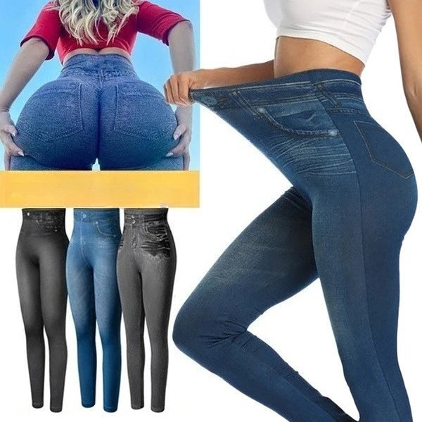 European American High Elasticity Denim Bedruckte Leggings Damen Hohe Taille Schlanke Leggings Gym Training Radfahren Mode Shorts