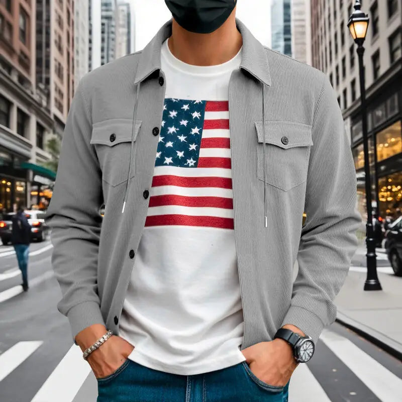 Amerikanische schwere Cord-Herrenjacke, einfache und vielseitige Langarmjacke mit Stehkragen und mehreren Taschen