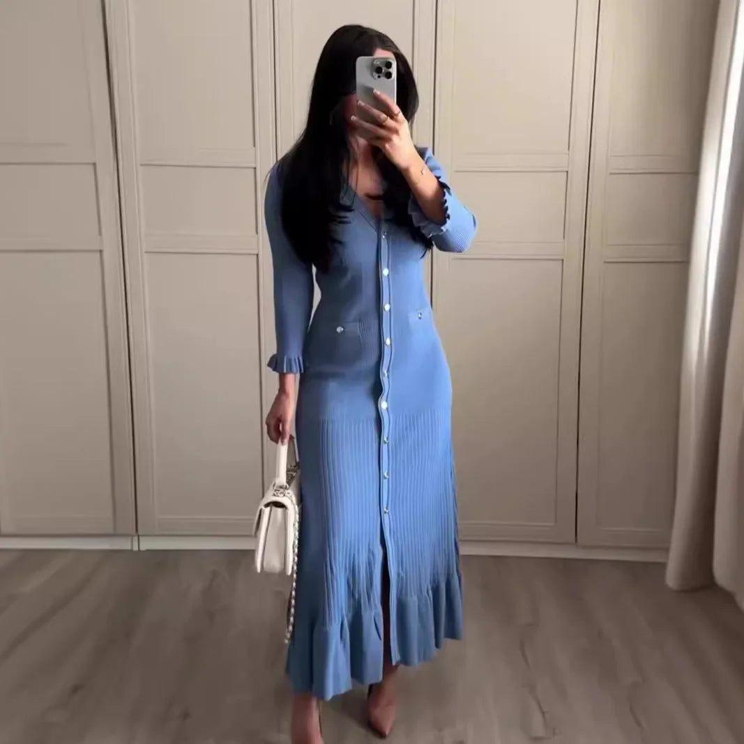 Kleid Frauen Lange Kleider Maxi Einreiher Volle Hülse V-ausschnitt Hohe Taille Schlank Party Herbst Elegante Splice Gestrickte Vestidos