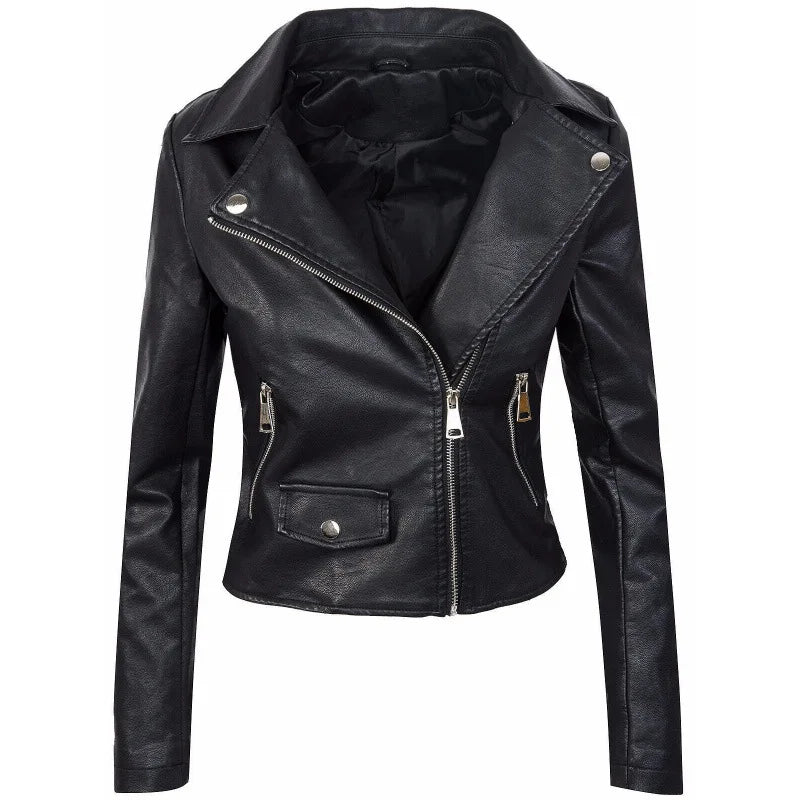 Slim Fit Short Zipper PU Leather Jacket Women's Solid Color Outerwear Autumn Winter Street Style Comfortable Casual Fashion