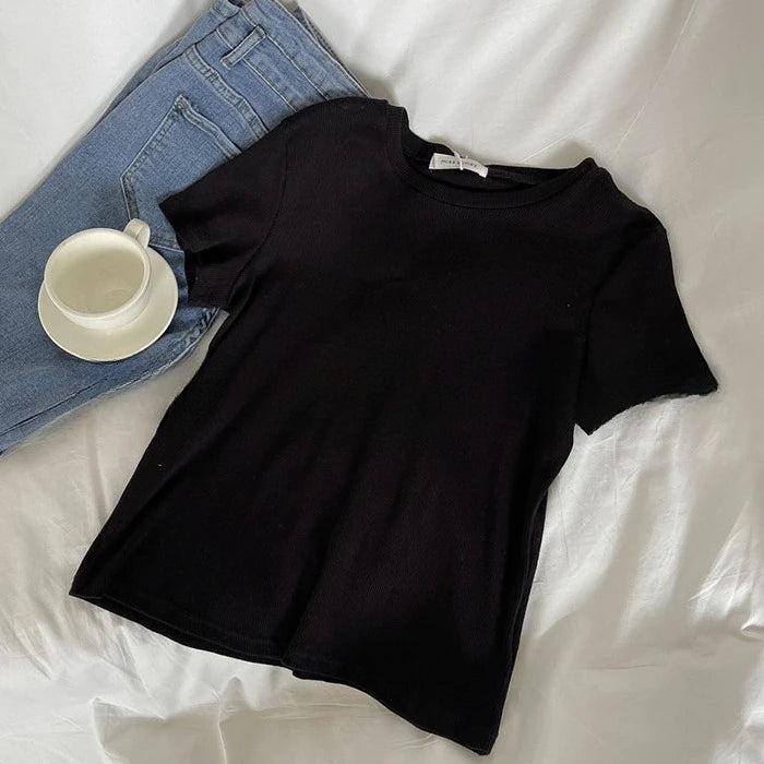 Damen T-Shirt mit Rundhalsausschnitt, Kurzarm, Koreanischer Stil, Mehrfarbig, Basic, Slim Fit Oberteil
