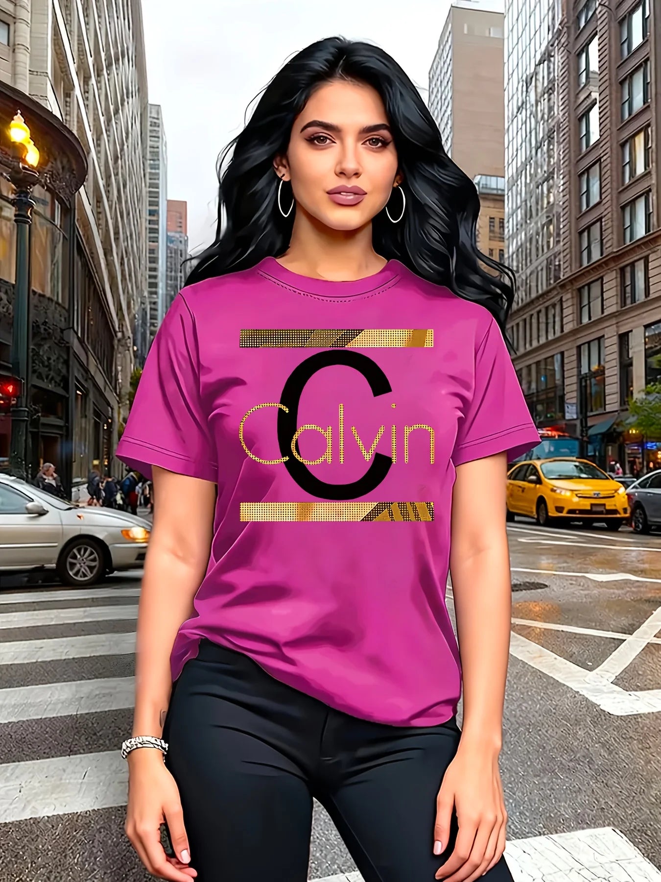 Calvin Buchstaben-Print Damen-T-Shirt - Goldgrafik Grünes Casual-Oberteil