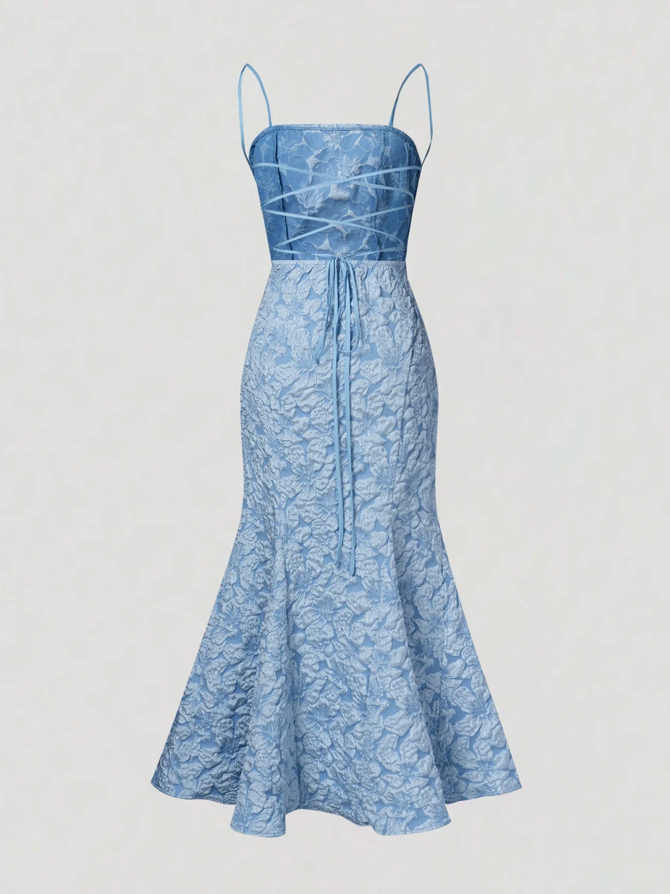Damen Meerjungfrauenkleid Hellblau mit Spaghettiträgern, rückenfrei, Schnürung, Maxirock, formelles Abendkleid für Frühling und Sommer