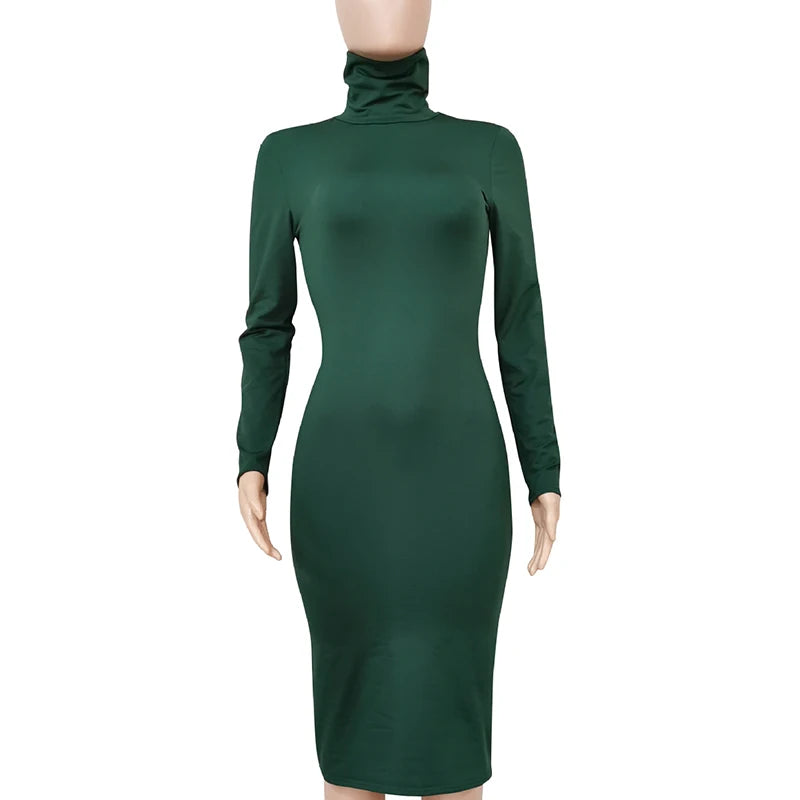 Winter Schwarz Rollkragen Sexy Frauen Kleid Herbst Langarm Dünne Midi Boydcon Casual Blau Plüsch Knie-Länge Party