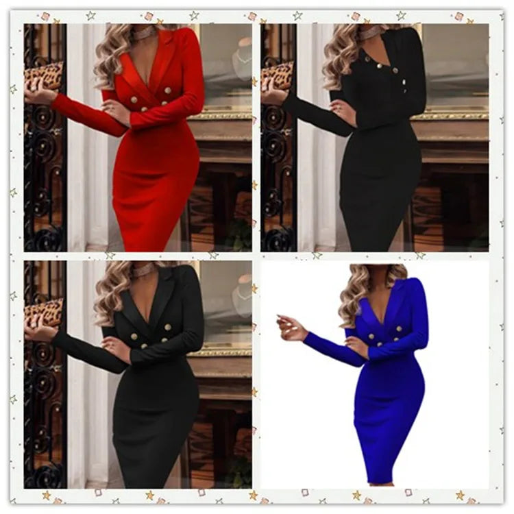 Sexy Tiefem V-ausschnitt Mit Langen ärmeln Dünnes Kleid Für Frauen Herbst Winter Mode Einfarbig Büro Ladiy Taste Hüfte Kleider weibliche