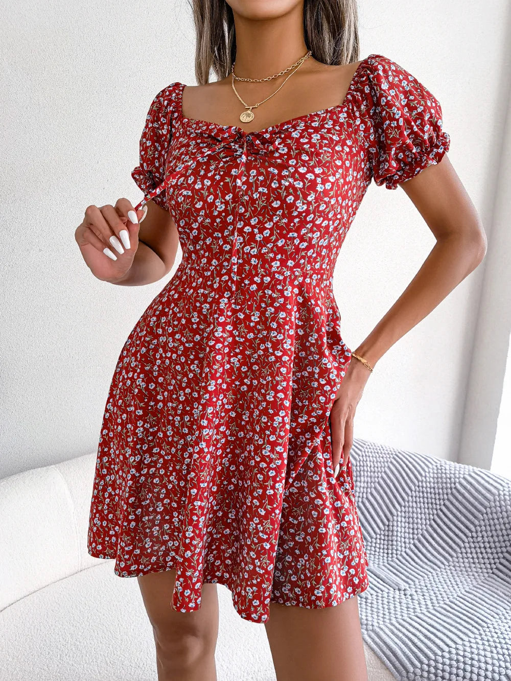 Sommer Blumendruck Kurzes Kleid Bufftrly Ärmel Retro Damenkleider Mode Lässig Square Neck Tunika Strandkleid Elegant Chic