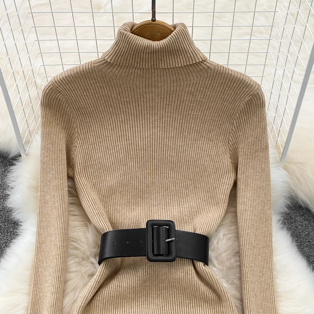 REALEFT Herbst Winter 2025, neue Rollkragen frauen Gestrickte Kleider mit Gürtel Langarm Elegante Bodycon Wrap Kleid Weibliche
