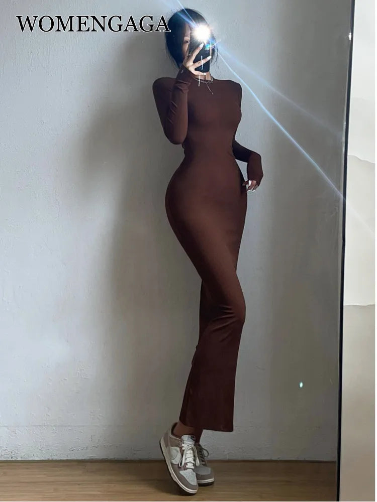 WOMENGAGA Einfache Maxi Langes Kleid Rundhals Langarm Enge Dünne Maxi Kleider Elegante Mode Koreanische Frauen Robe DEH8