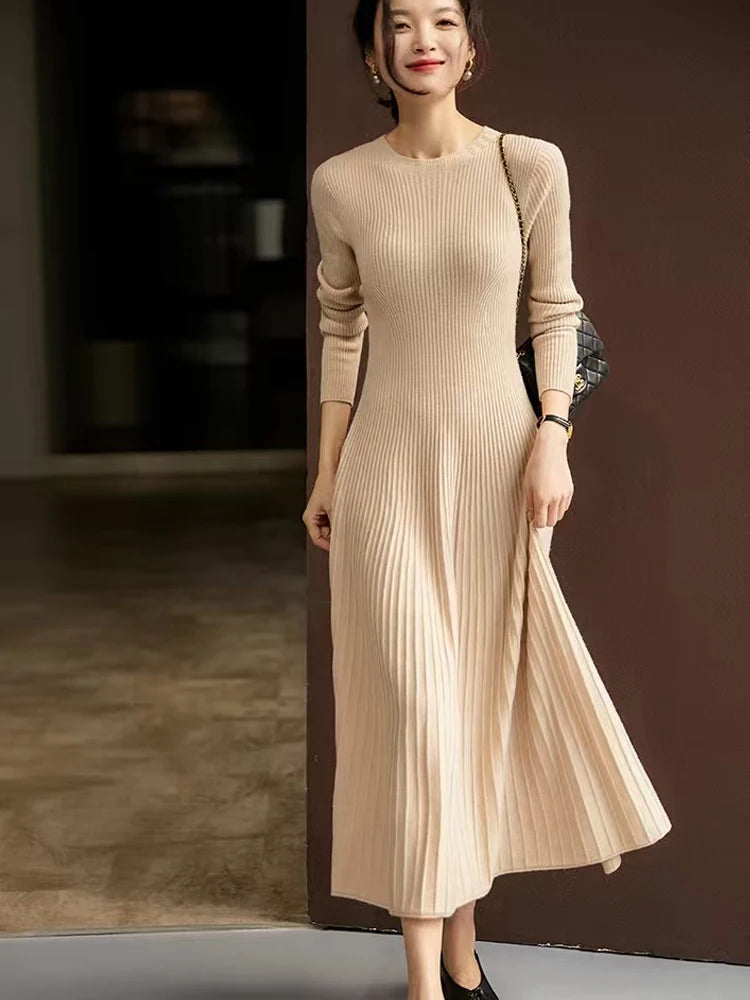 Frühling Herbst Pullover Damen Kleid 100 % Merinowolle Kleid O-Ausschnitt Slim Maxirock Basic Langarm Kleid Sexy Inside Join Dress