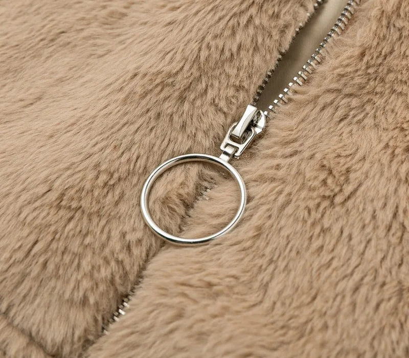 2025, Winter frauen Warme Jacke Zipper Strickjacke Faux Pelz Mode Langarm Stehen Kragen Plüsch Mantel für Weibliche