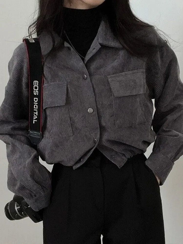 Frauen Vintage Cord Abgeschnitten Jacke Koreanische Mode Langarm Kordelzug Blusen Weibliche Lose Einreiher Mäntel Strickjacke