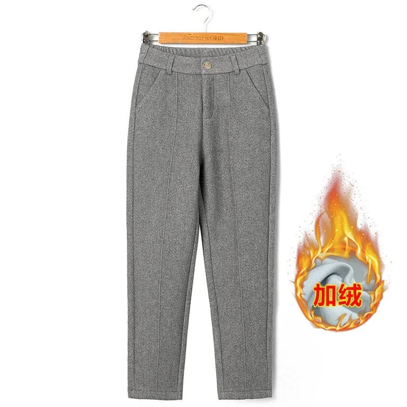High Waist Wool Blend Pants Women Winter Thicken Plush Lined Harem Pantalones Office Casual Warm Ankle-length Woolen Spodnie