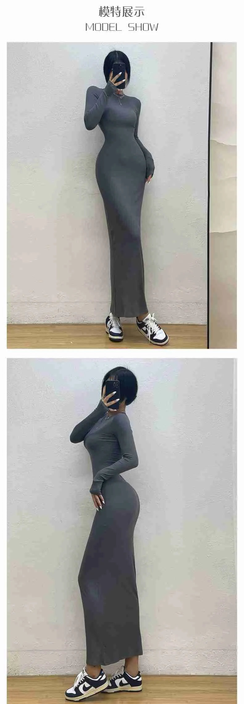 WOMENGAGA Einfache Maxi Langes Kleid Rundhals Langarm Enge Dünne Maxi Kleider Elegante Mode Koreanische Frauen Robe DEH8