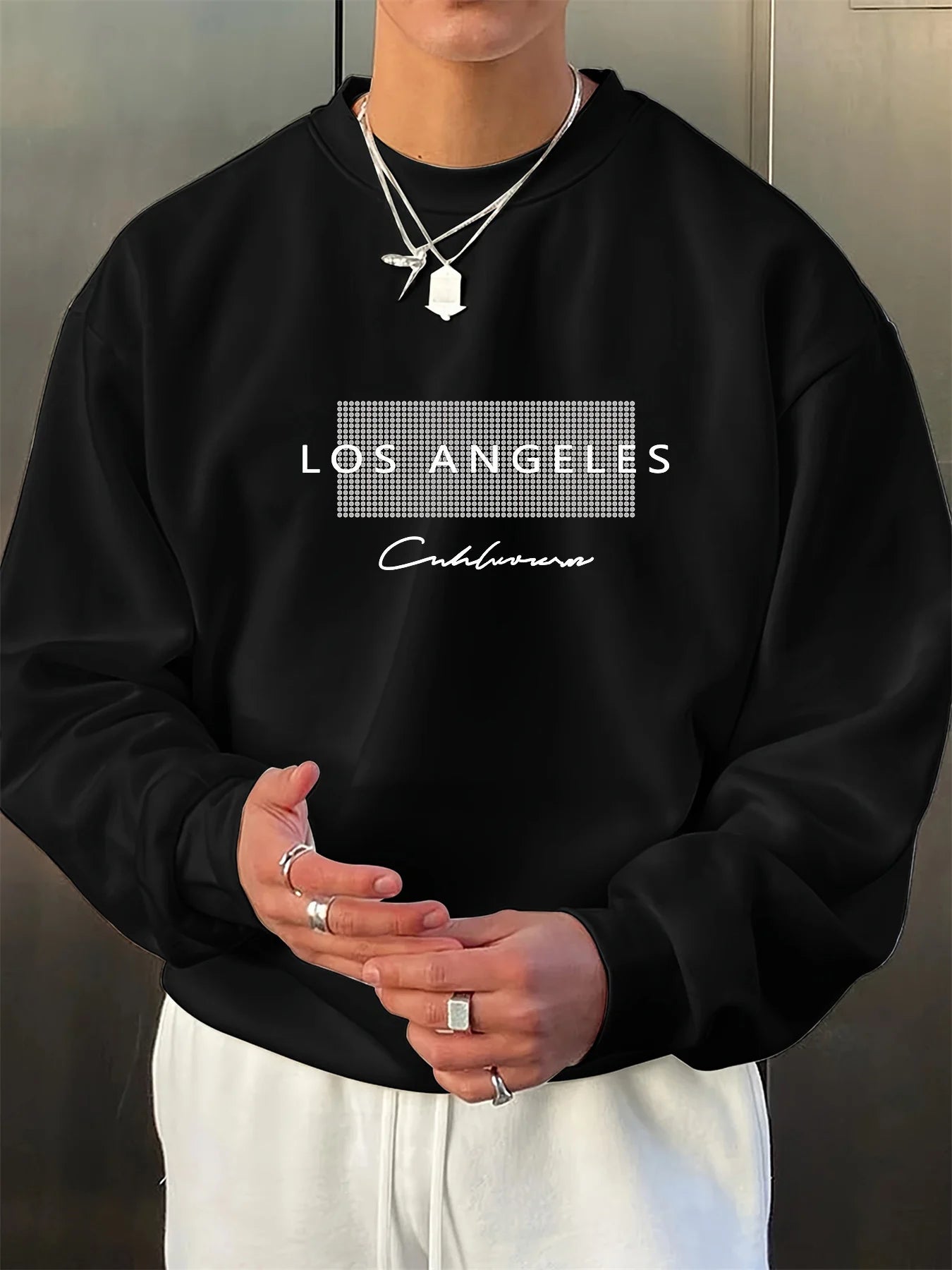 Men's autumn and winter fashionable casual loose Los Angeles letter graphic fleece long sleeved round neck sweatshirt