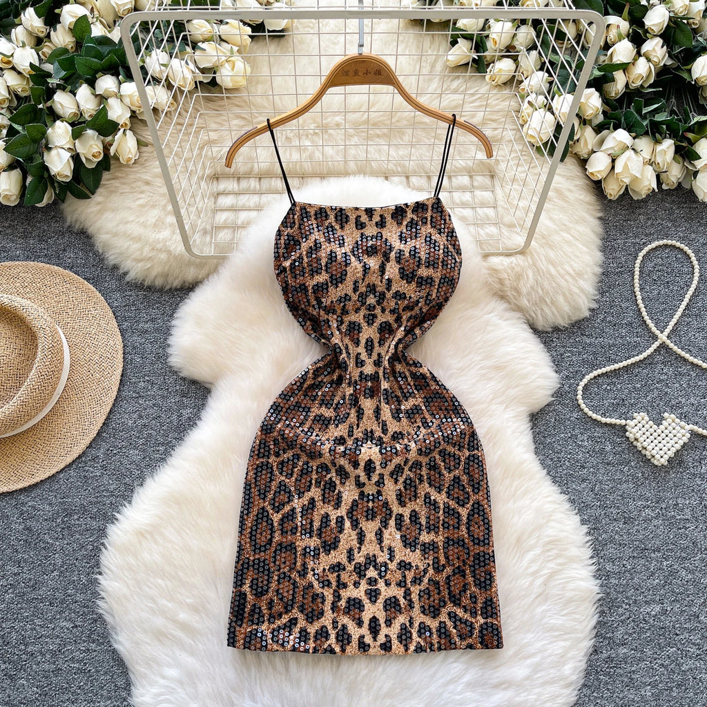 SINGREINY Sexy Leopard Women Dress 2026 Summer Trendy Night Club Party Sling Spicy Girl Sequined Glitter Bodycon Mini Dresses