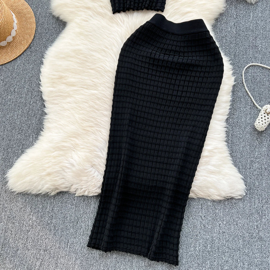 Sommer Frauen Mode Rock Set sexy ärmellose Tanktops hohe Taille schlanke lange Saya weibliche zweiteilige Anzüge stricken feste Kleidung
