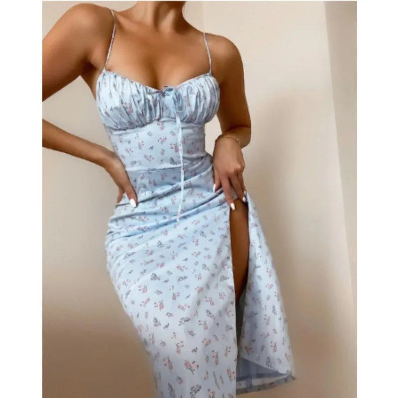Elegantes Damen-Blumenkleid für Strandurlaub und Streetwear, Sexy Tief Ausgeschnittenes Strandparty-Kleid mit Schlitz, Schickes Bodycon-Kleid Ärmellos für Damen